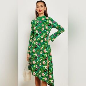 Topshop asymmetrical tie back green floral dress with front slits size 6